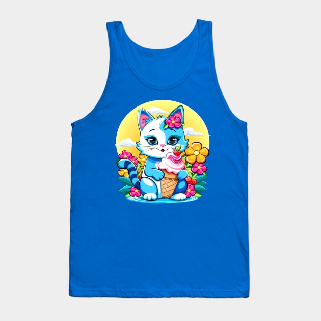 Kitty Cat Cute and happy Summer Cartoon Character with ice cream flowers and Strawberries Tank Top by BluedarkArt